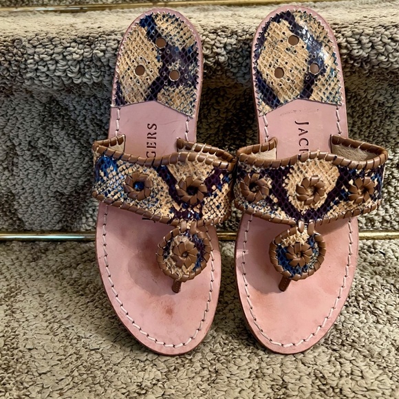 GUC Jack Rogers Yellow & Navy Python Snake Print Navajo Thong Sandals Size 5.5 M - Picture 2 of 8